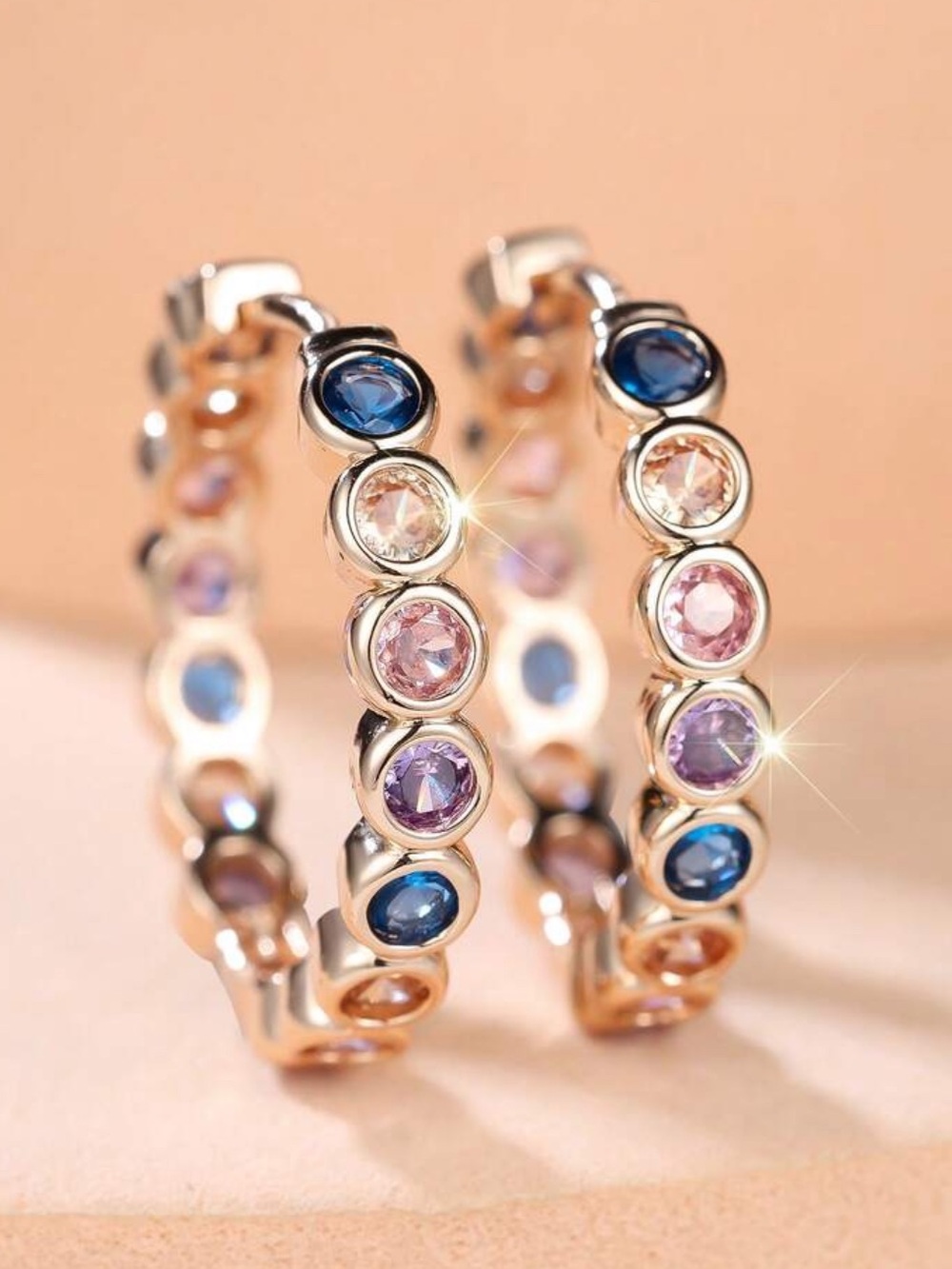Rose Gold Multi-Gemstone Hoop Earrings - Pink, Blue & Purple